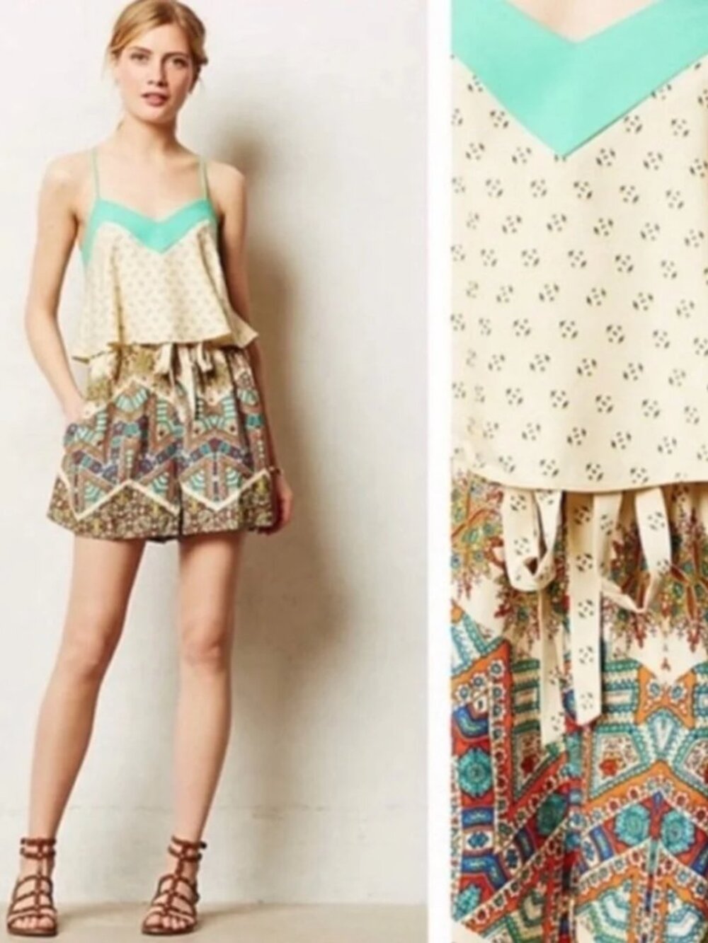 Anthropologie Elevenses Mintaka Teal Boho Romper Size 2 Strappy